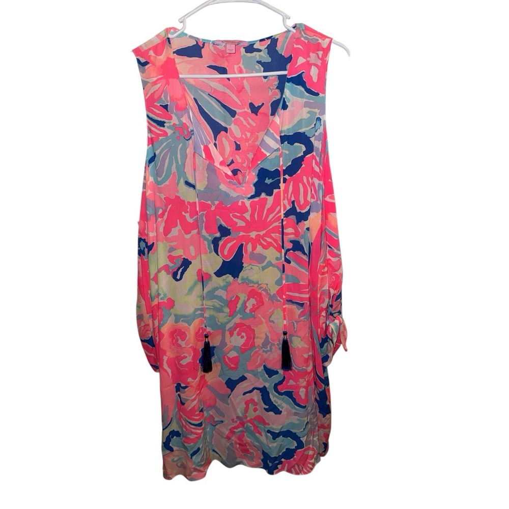 Lilly Pulitzer‎ Benicia Tunic Dress Playa Hermosa Slit Sleeves Tassels Size L - Picture 3 of 8